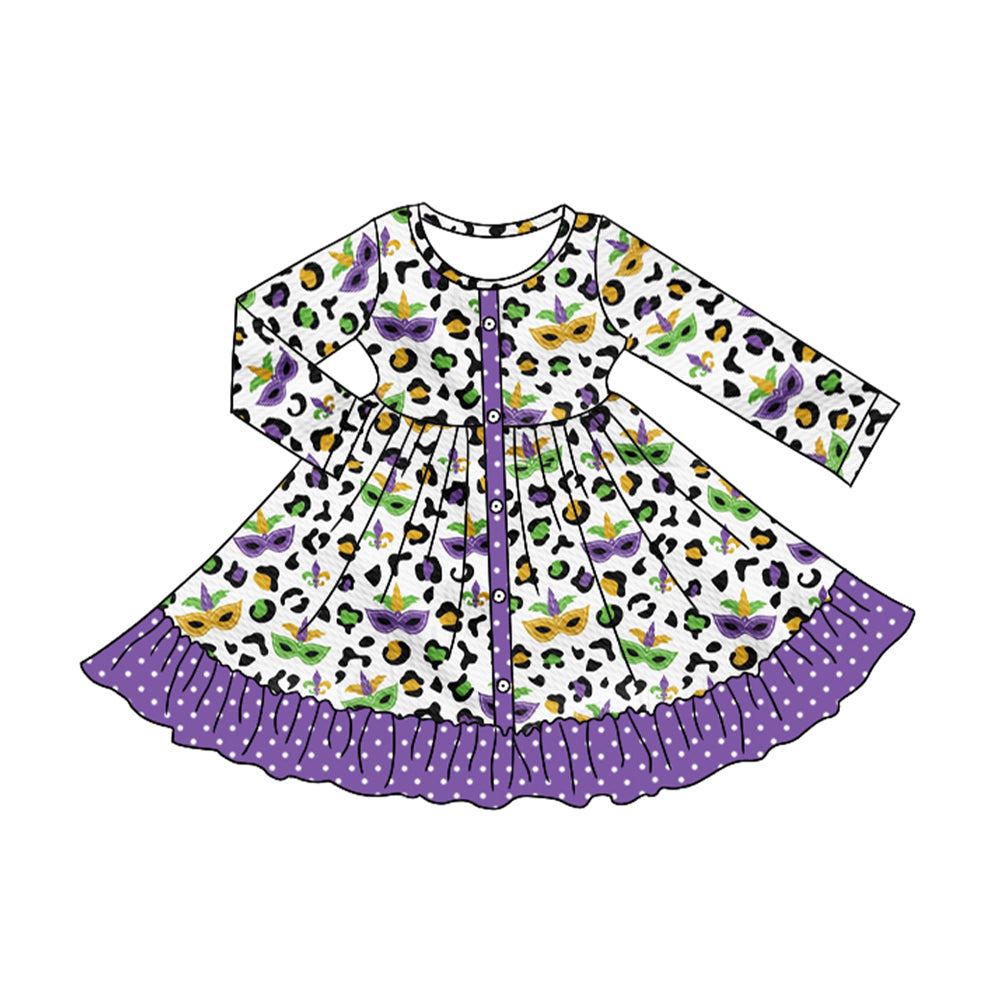 Purple polka dots ruffle leopard kids girls mardi gras dresses