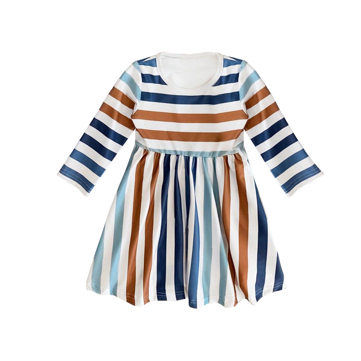 Long sleeves blue brown stripe baby girls dresses