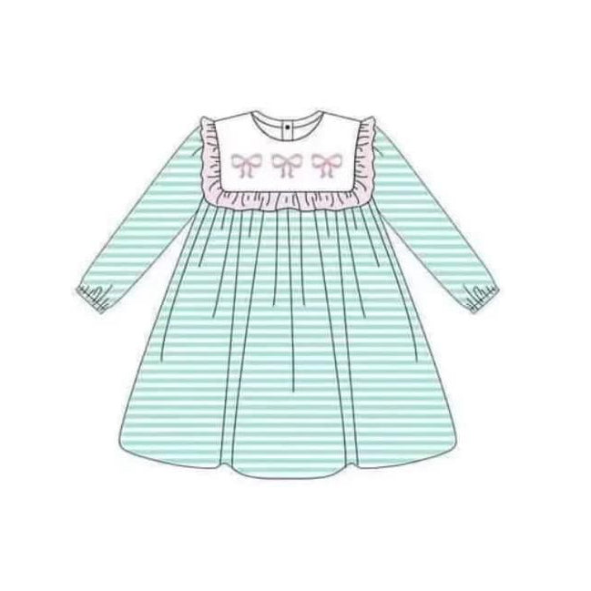 Long sleeves green stripe pink bow ruffle girls dresses