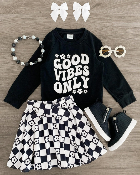 Black good vibes only top floral plaid girls clothing set