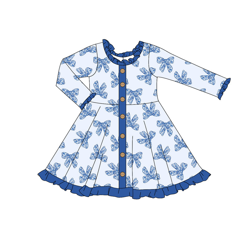 Blue bow ruffle long sleeves girls dresses