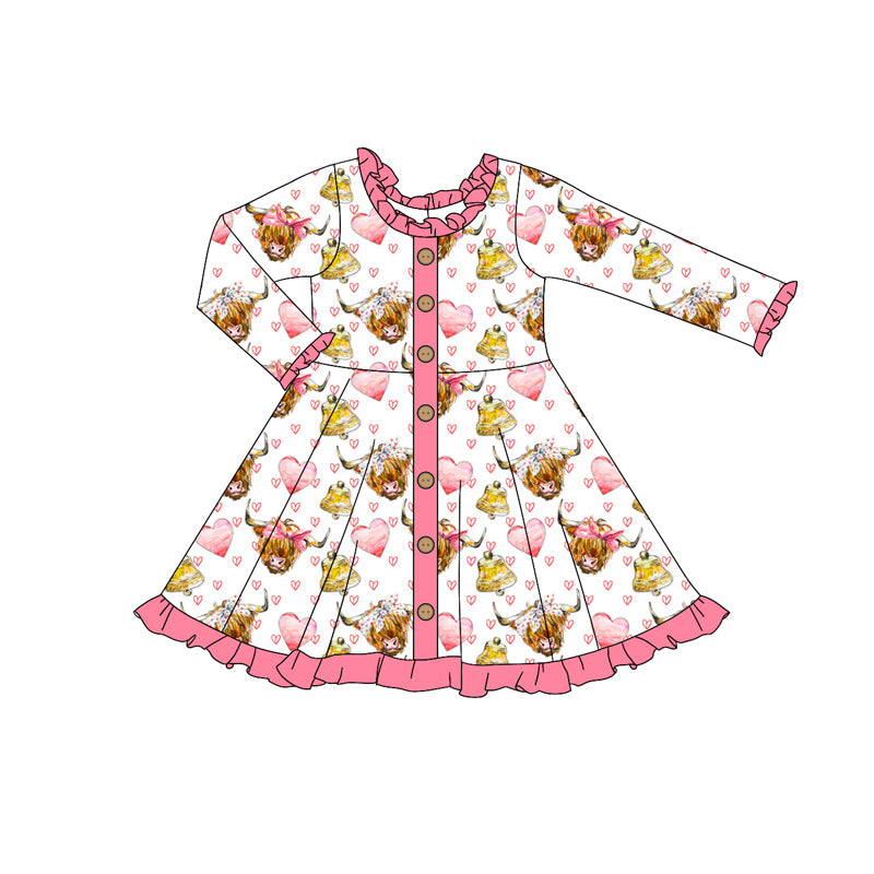 Pink heart highland cow kids girls valentine's day dress