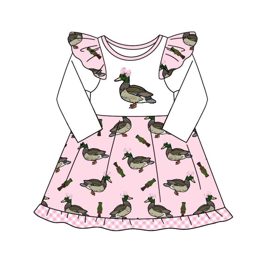 Long sleeves pink duck bow baby girls dresses