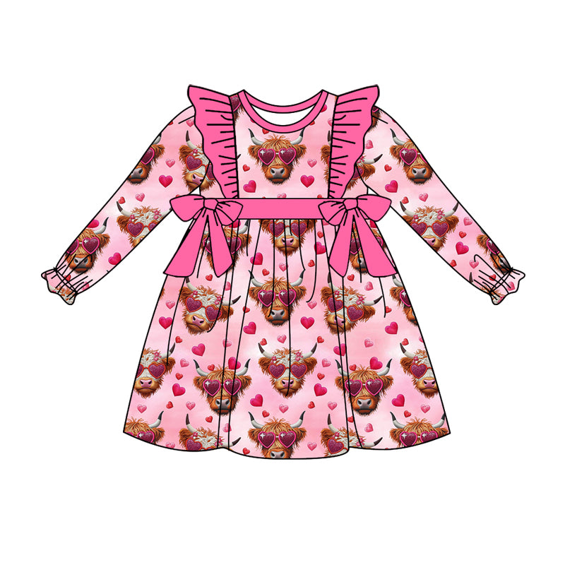 Long sleeves heart highland cow girls valentines dress