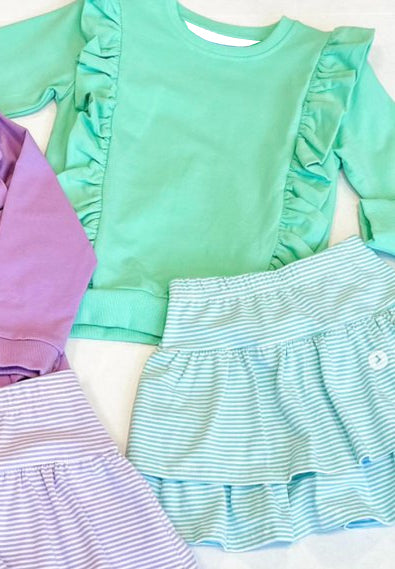 Green ruffle top stripe skirt kids girls clothing