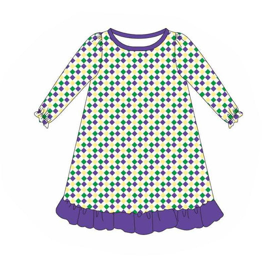 Purple yellow green plaid ruffle baby girls Mardi Gras dress