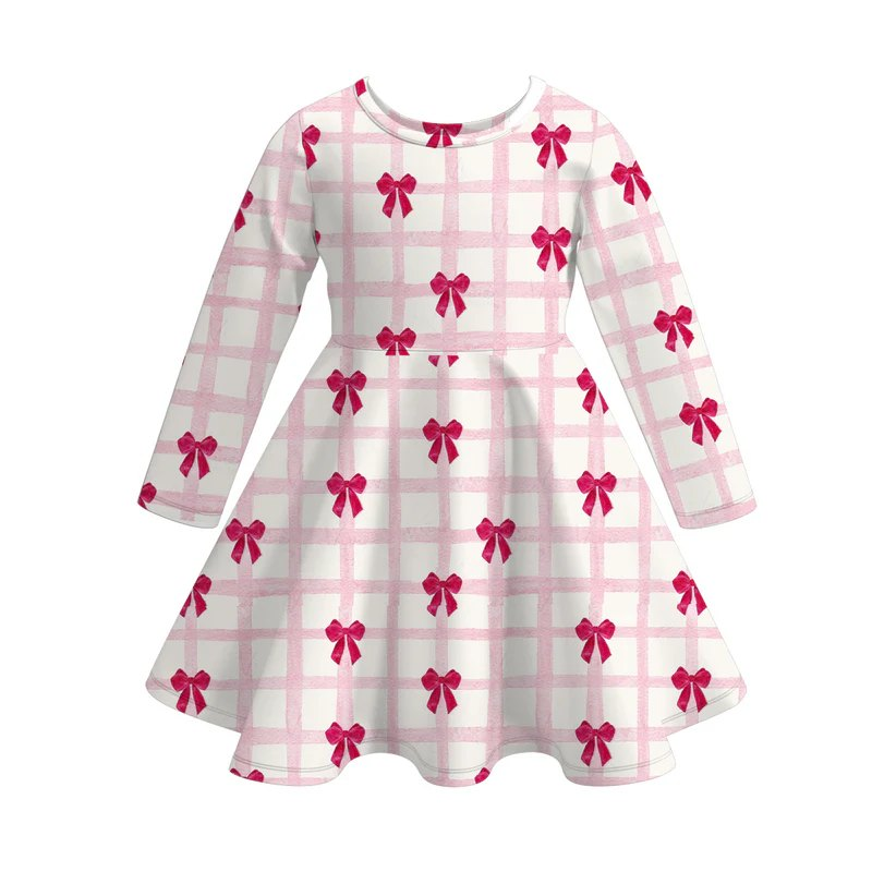 Long sleeves pink plaid bows girls valentine's dresses