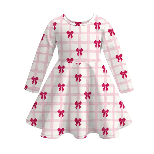 Long sleeves pink plaid bows girls valentine's dresses