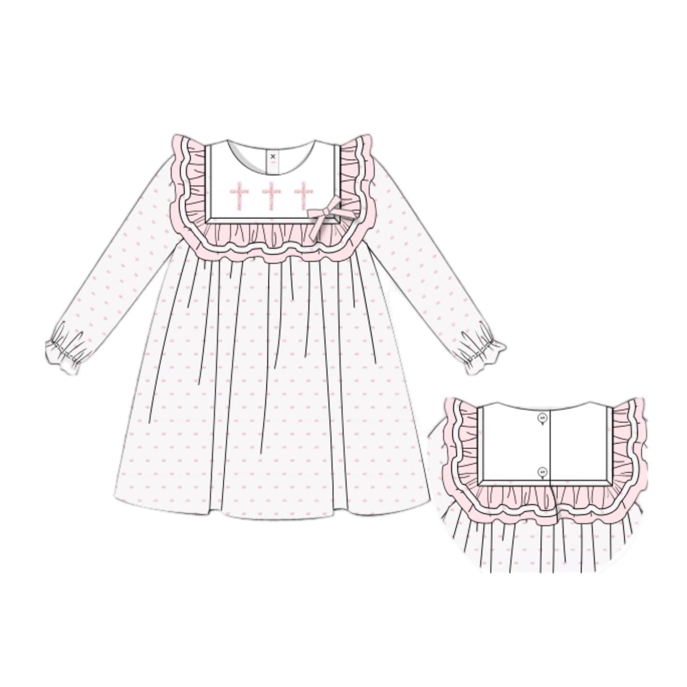 Pink polka dots long sleeves cross girls Easter dresses