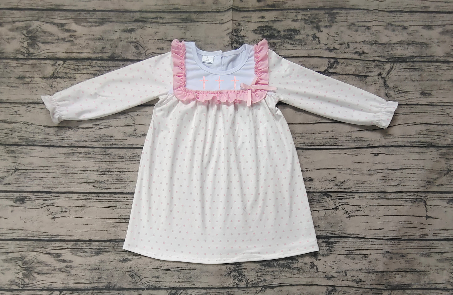 Pink polka dots long sleeves cross girls Easter dresses