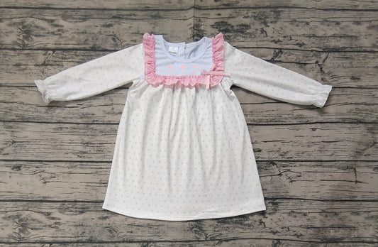 Pink polka dots long sleeves cross girls Easter dresses