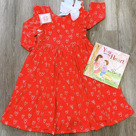 Long sleeves red heart kids girls valentine's dresses