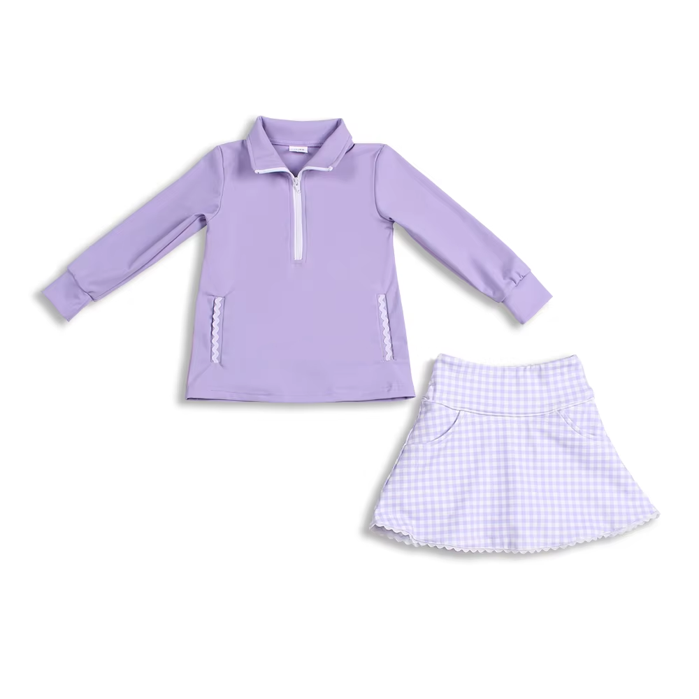 Long sleeves lavender top plaid skirt girls yoga clothes