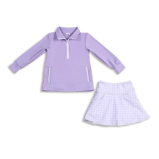 Long sleeves lavender top plaid skirt girls yoga clothes