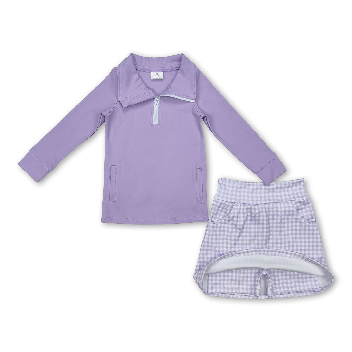 Long sleeves lavender top plaid skirt girls yoga clothes