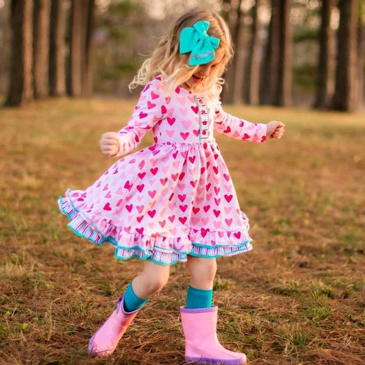 Long sleeves pink heart ruffle girls Valentine's dress