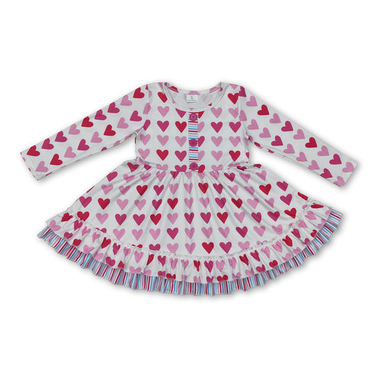 Long sleeves pink heart ruffle girls Valentine's dress