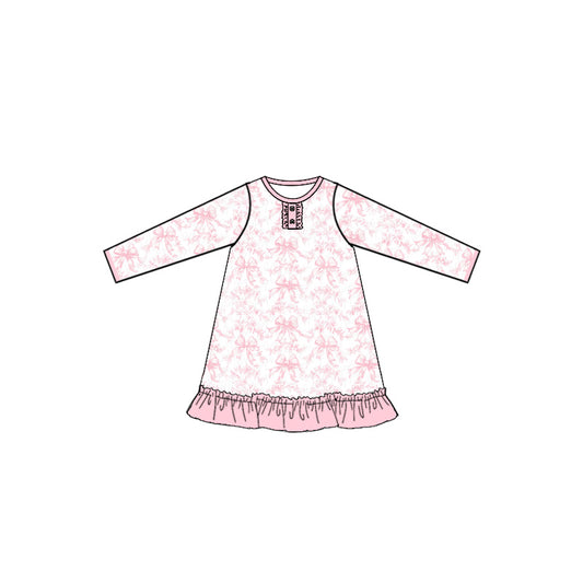 Long sleeves pink ruffle floral bow baby girls night dress