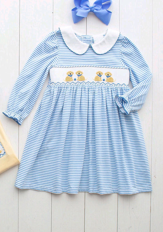 Long sleeves light blue stripe dog kids girls dresses