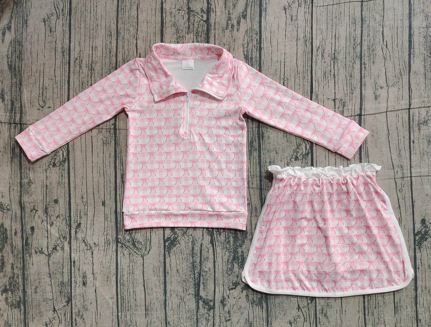 Long sleeves pink plaid bow pullover skirt girls clothes