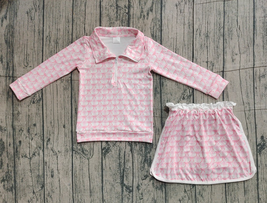 Long sleeves pink plaid bow pullover skirt girls clothes