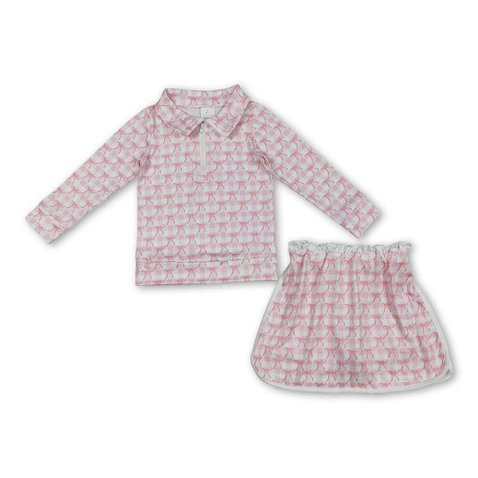 Long sleeves pink plaid bow pullover skirt girls clothes