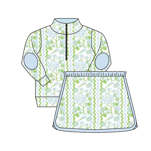 Long sleeves green floral pullover skirt girls clothes