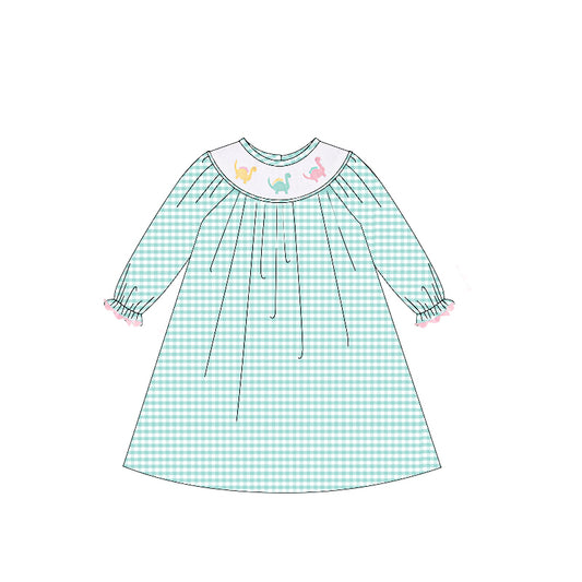 Green plaid long sleeves dinosaur kids girls dresses