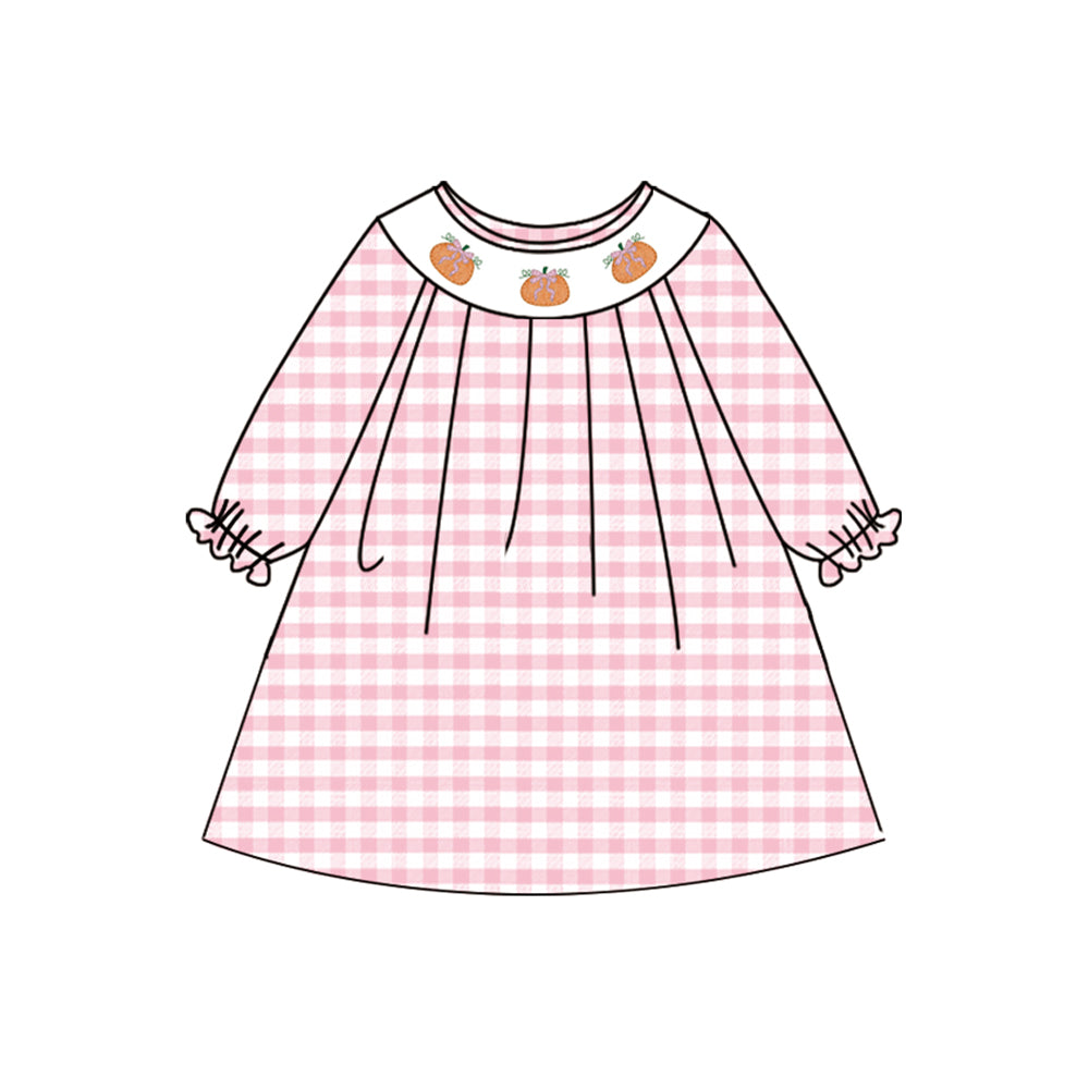 Pink plaid long sleeves pumpkin kids girls dresses