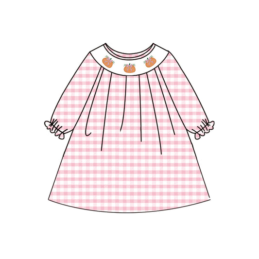 Pink plaid long sleeves pumpkin kids girls dresses
