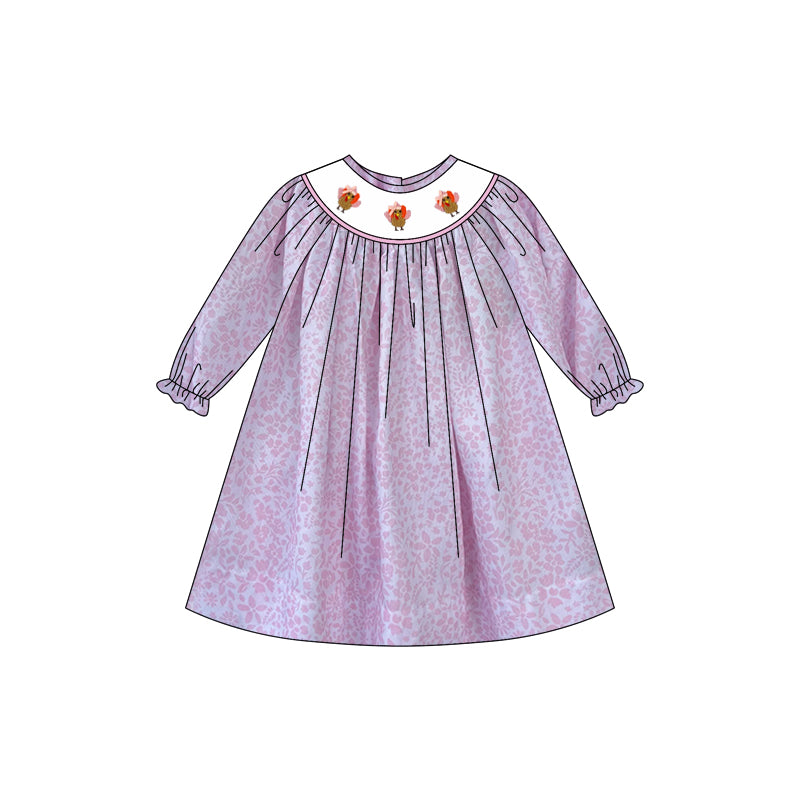 Long sleeves pink floral turkey Thanksgiving girls dress