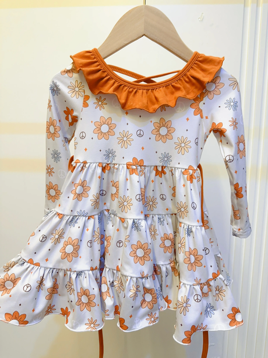 Long sleeves mustard ruffle floral patchwork girls fall dress