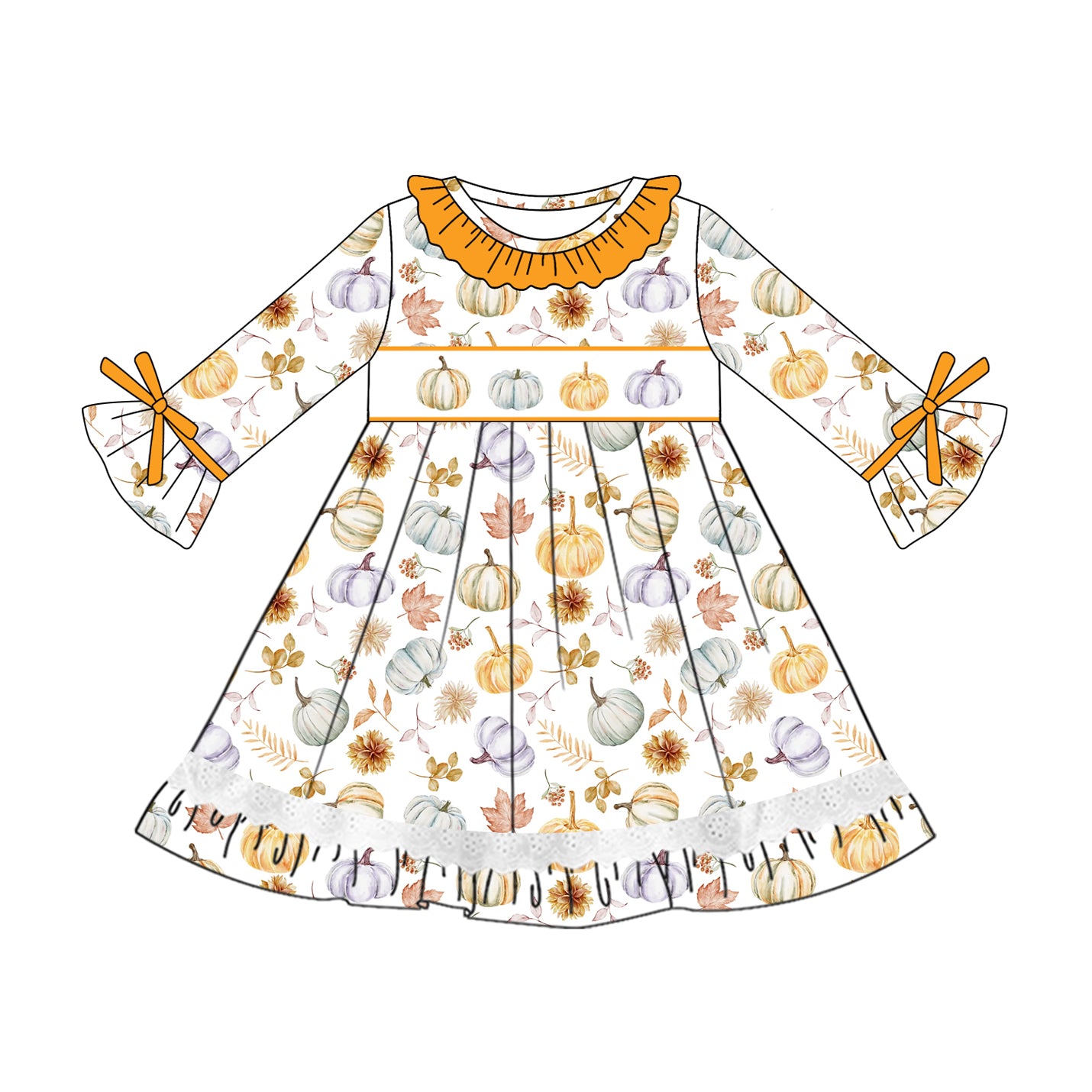 Long sleeves pumpkin leaves kids girls fall dresses