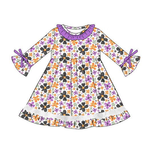 Purple ruffle long sleeves witches floral girls Halloween dress