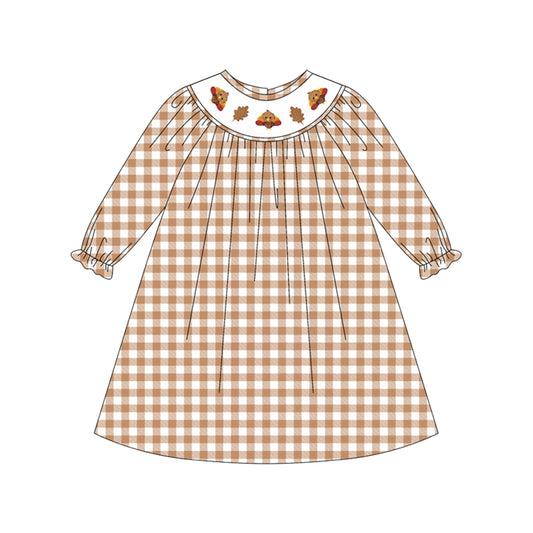 Khaki plaid turkey smocked girls Thanksgiving dress