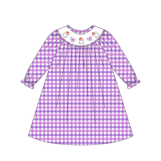 Purple plaid ghost bow smocked girls Halloween dress