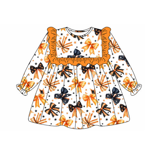 Long sleeves orange black bow kids girls Halloween dress