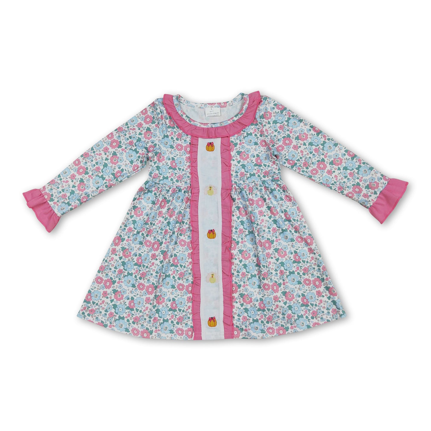 Pink floral long sleeves pumpkin turkey girls Thanksgiving dress