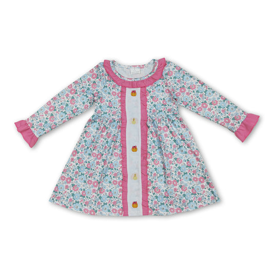 Pink floral long sleeves pumpkin turkey girls Thanksgiving dress