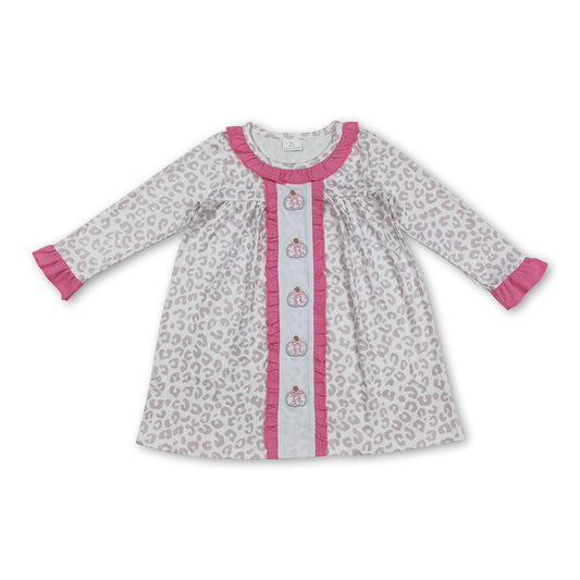 Pink leopard long sleeves pumpkin girls fall dresses
