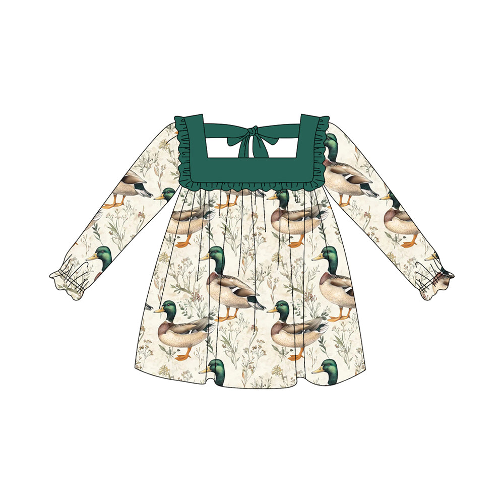 Long sleeves green ruffle duck kids girls dresses
