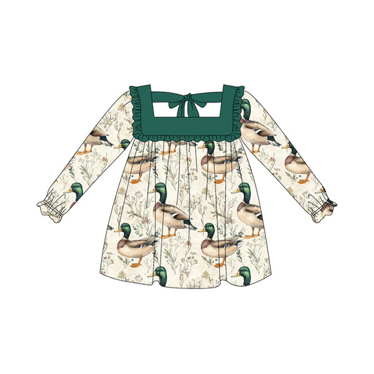 Long sleeves green ruffle duck kids girls dresses