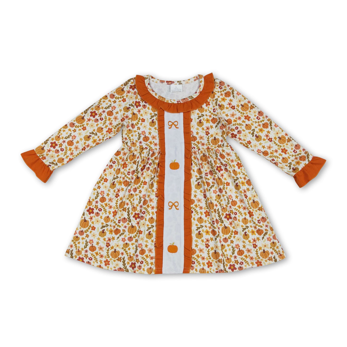 Long sleeves yellow pumpkin bow baby girls fall dress