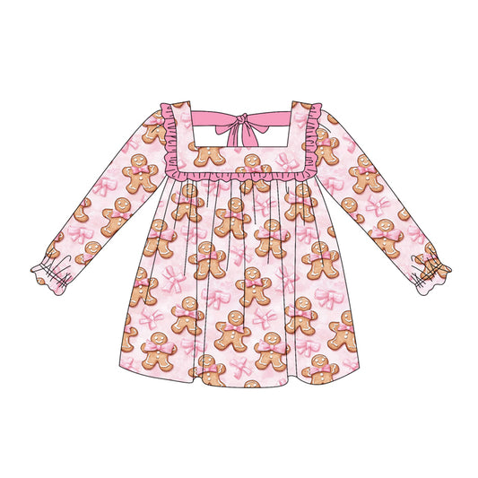 Long sleeves pink bow gingerbread girls Christmas dress