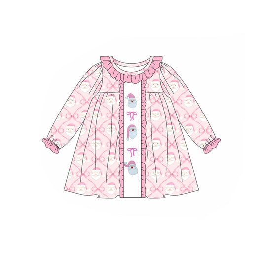 Long sleeves pink bow santa girls Christmas dresses