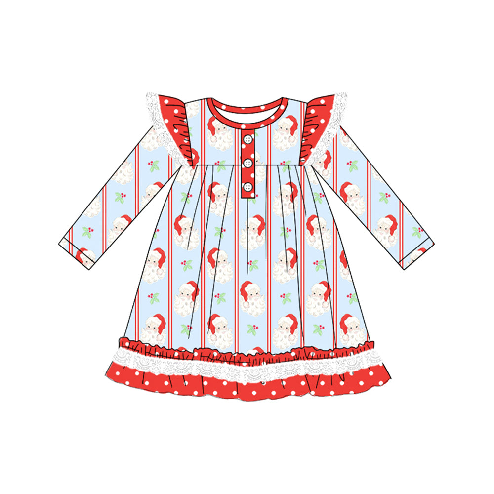 Long sleeves polka dots ruffle santa girls Christmas dress