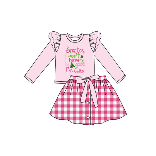 Pink santa cute top plaid skirt girls Christmas outfits