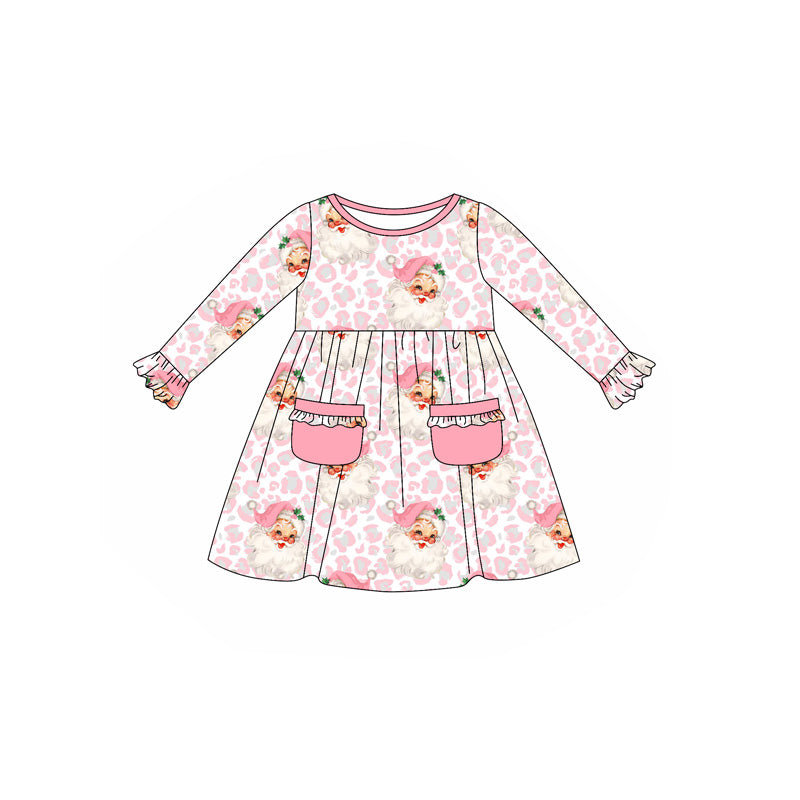 Long sleeves pink pockets leopard santa girls Christmas dress