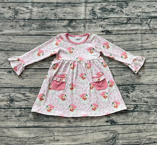 Long sleeves pink pockets leopard santa girls Christmas dress