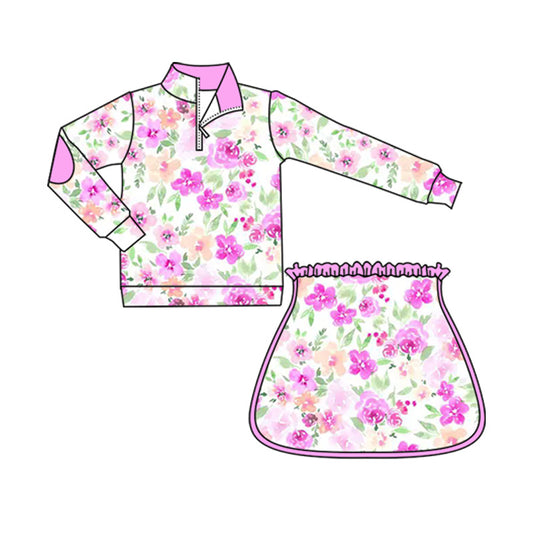 Long sleeves pink floral pullover skirt girls clothing set